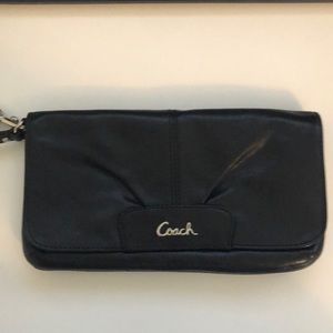 Black Pleated Leather Coach Wristlet